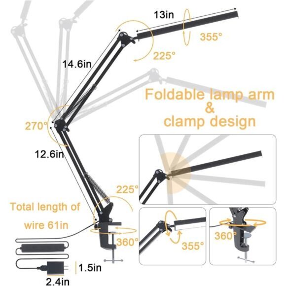 LED Desk Lamp for Home Office, Clamp-On with 5 Light Modes & Auto Shut Off - Picture 4 of 7